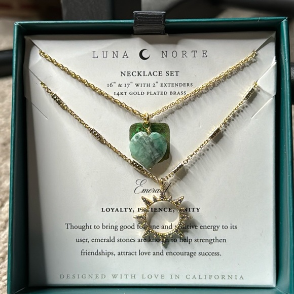 Luna Norte 14KT Gold Plated Brass Emerald Necklace Set - Picture 2 of 4